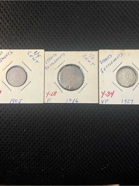 3 Straits Settlements coins 1905 1/4 cent, 1916 1/2 cent, 1937 10 cents MM00291